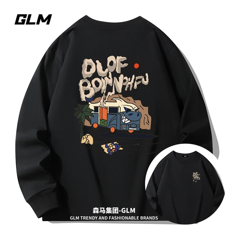 集团品牌GLM纯棉长袖t恤衫男式衣服重磅宽松高端轻奢潮牌品质男装