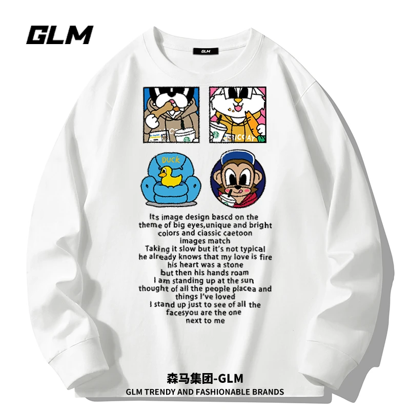 集团品牌GLM纯棉长袖t恤衫男式衣服重磅宽松高端轻奢潮牌品质男装