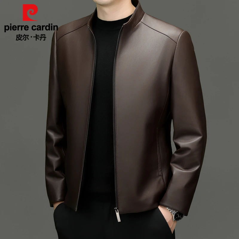皮尔卡丹秋季新款立领百搭机车高档真皮夹克男士简约绵洋皮皮衣
