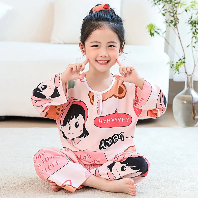 夏季儿童睡衣棉绸男童女童大童空调长袖绵绸儿童睡衣夏季薄款