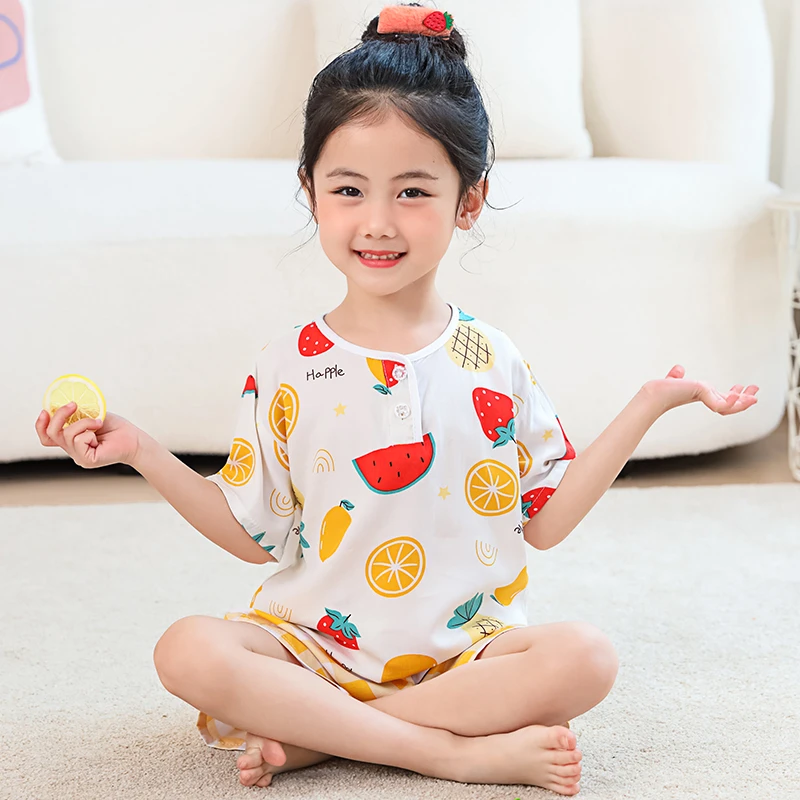 儿童棉绸睡衣夏季女童女孩短袖绵绸家居服男童宝宝薄款空调服套装