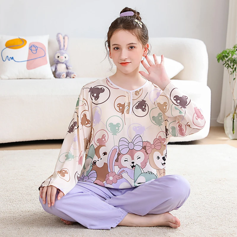儿童棉绸睡衣夏季青少年女大童绵绸长袖女童女孩空调家居服套装