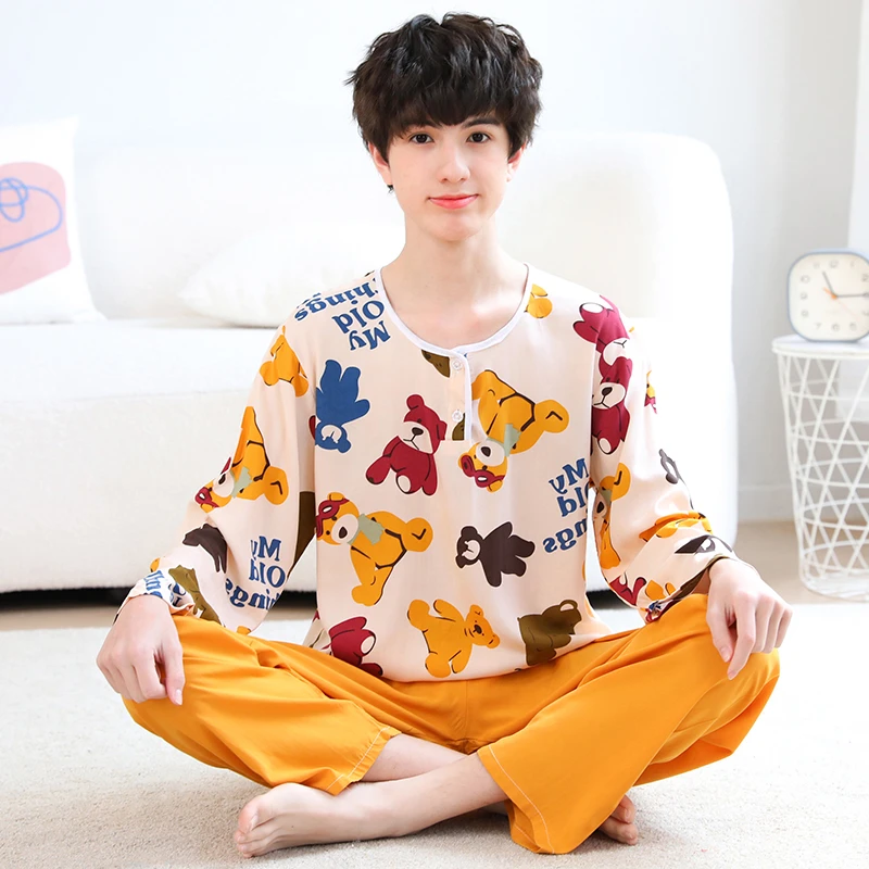 大童棉绸睡衣夏季青少年男童儿童薄款绵绸男孩长袖儿童绵绸套装