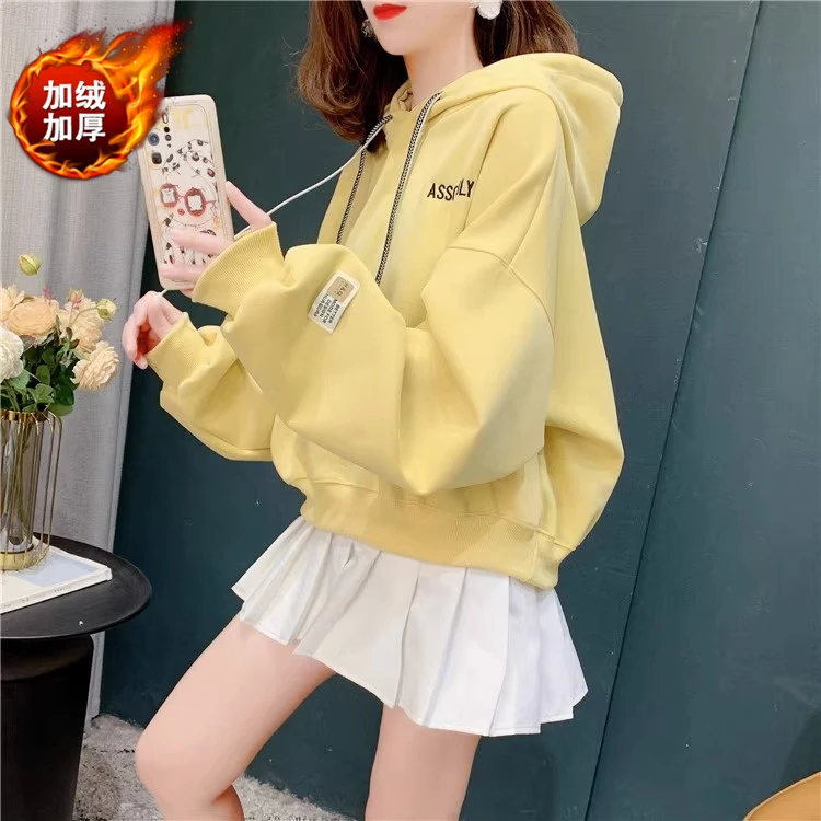 超火短款小个子加绒连帽卫衣女冬季韩版宽松休闲百搭设计感上衣潮