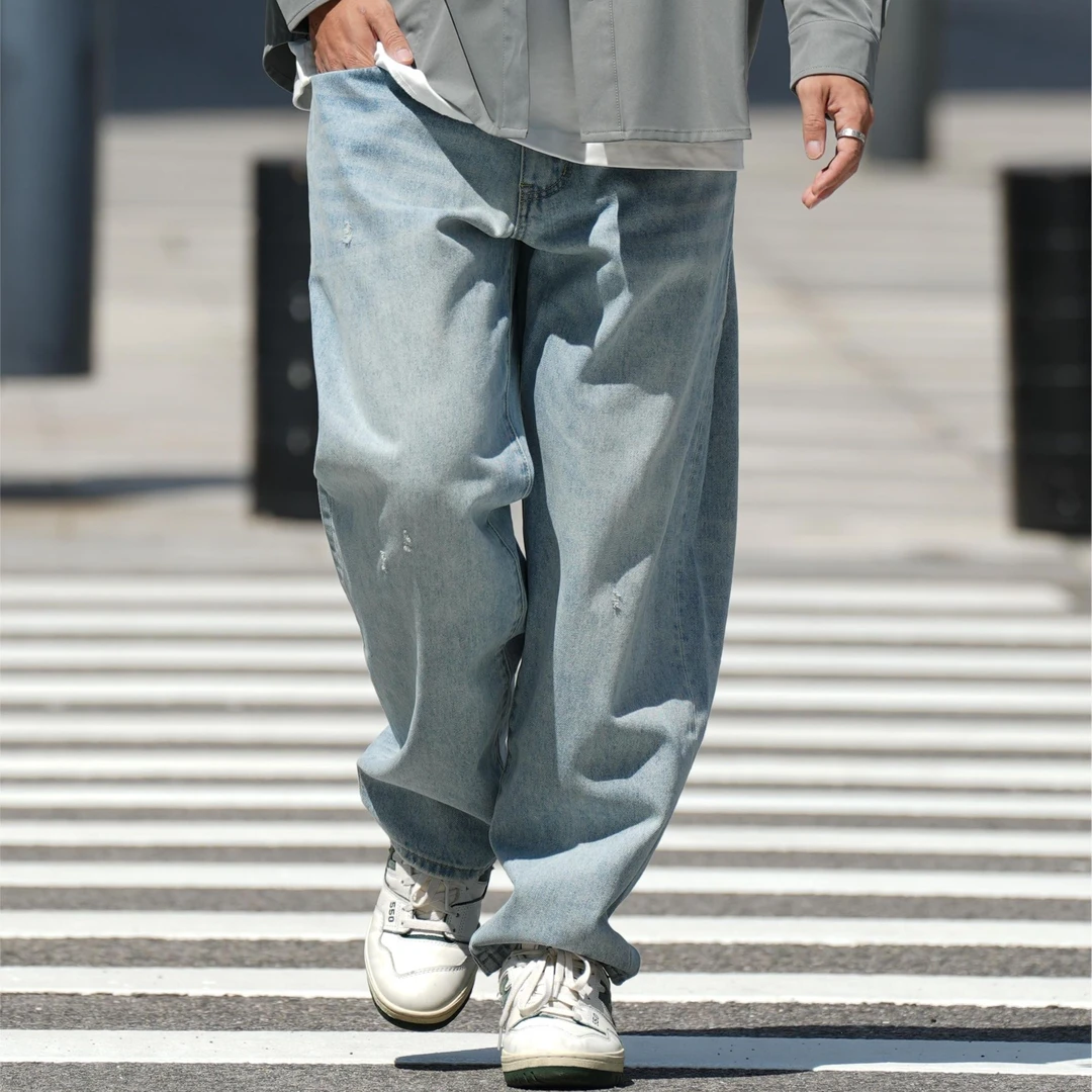 MASSULTI日系cleanfit复古做旧水洗裤休闲宽松直筒破洞潮流牛仔裤