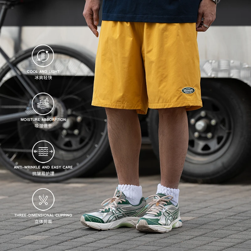 MASSULTI日系复古夏季宽松运动速干 刺绣五分裤男沙滩短裤
