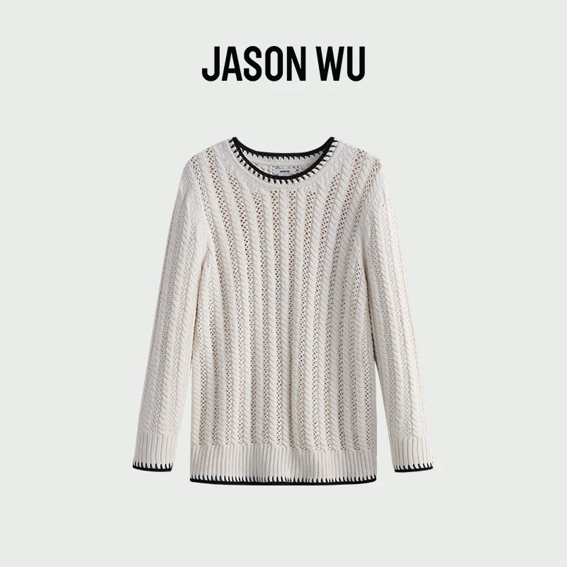 JASON WU 早春新款通勤百搭长袖圆领线迹装饰上衣毛针织衫毛衣女