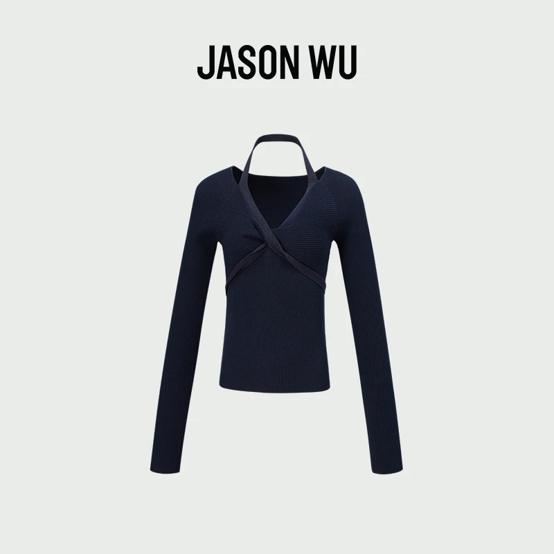 JASON WU 新款百搭扭结v领镂空针织上衣套头衫女