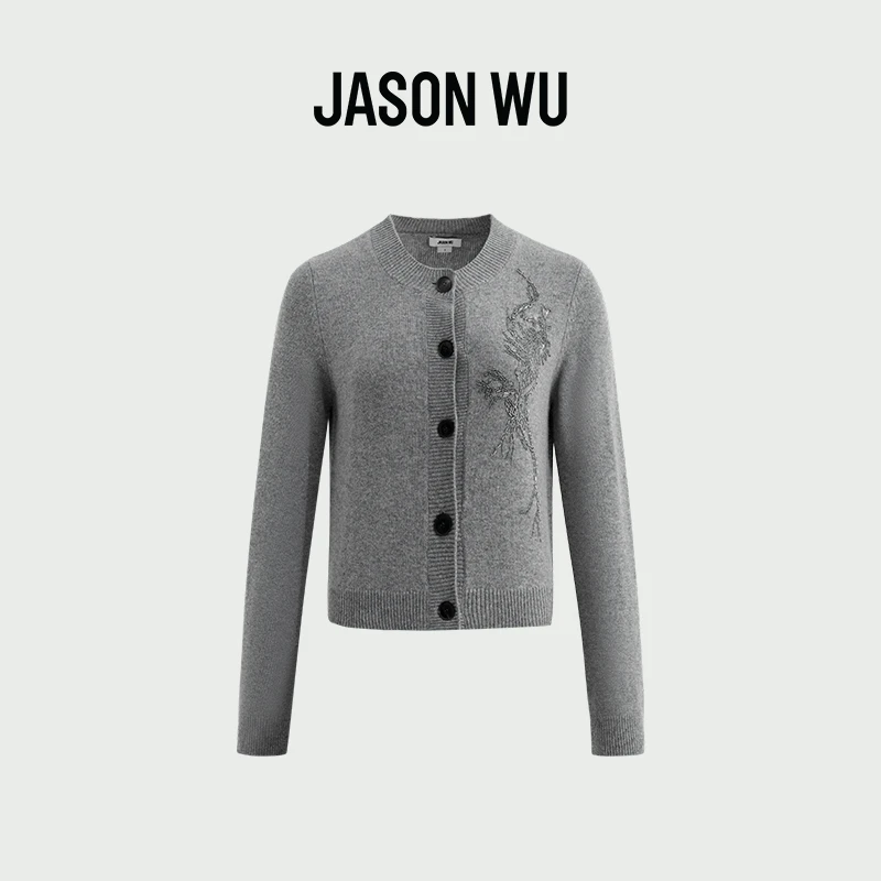 JASON WU重工艺术纯手工钉珠温暖绵羊毛山羊绒短款针织开衫上衣女
