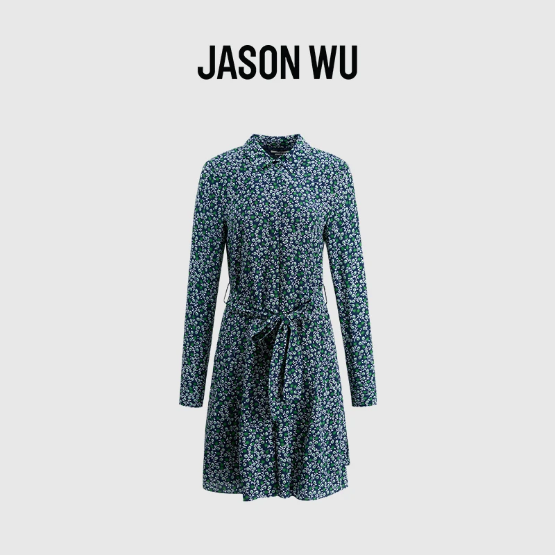 JASON WU【秋季推荐】小碎花收腰系带长袖休闲气质复古连衣裙裙子女