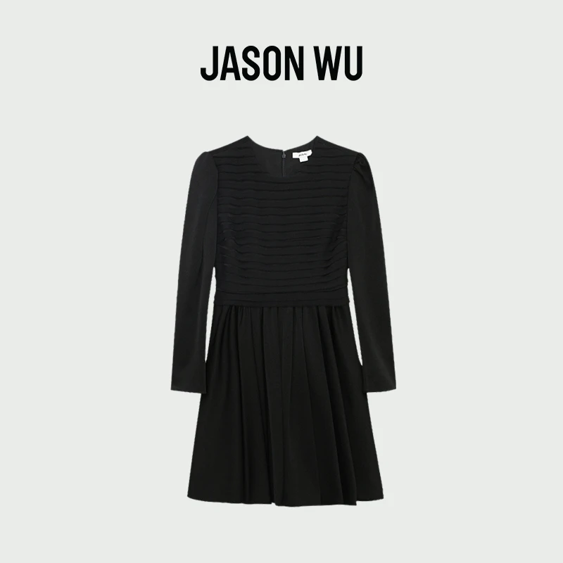 JASON WU【秋冬推荐】黑色气质抽褶圆领简约休闲时尚百搭长袖连衣裙
