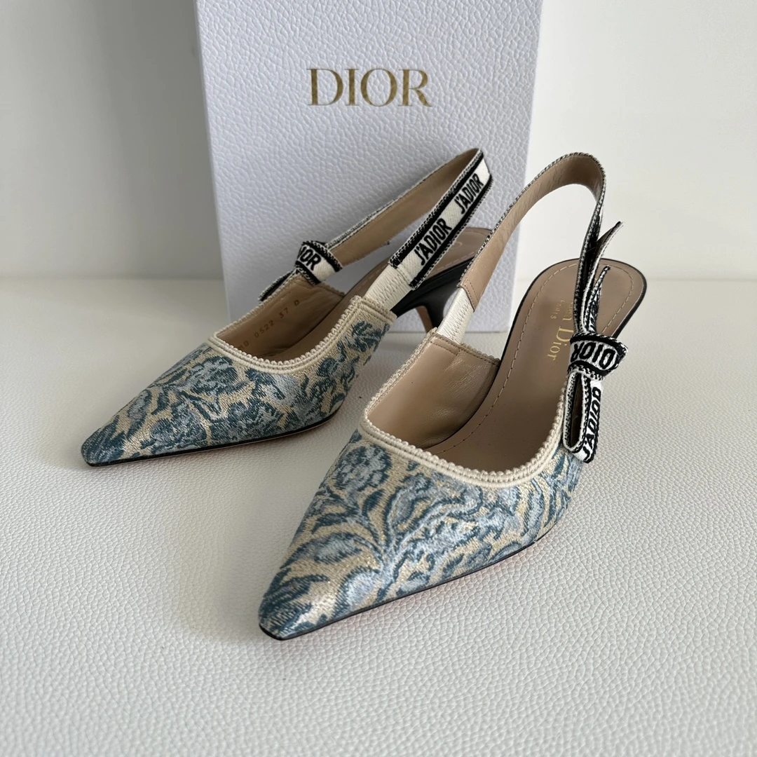 全新未使用 DIOR/迪奥 女士J·ADIOR蓝色刺绣花卉尖头小猫跟128881