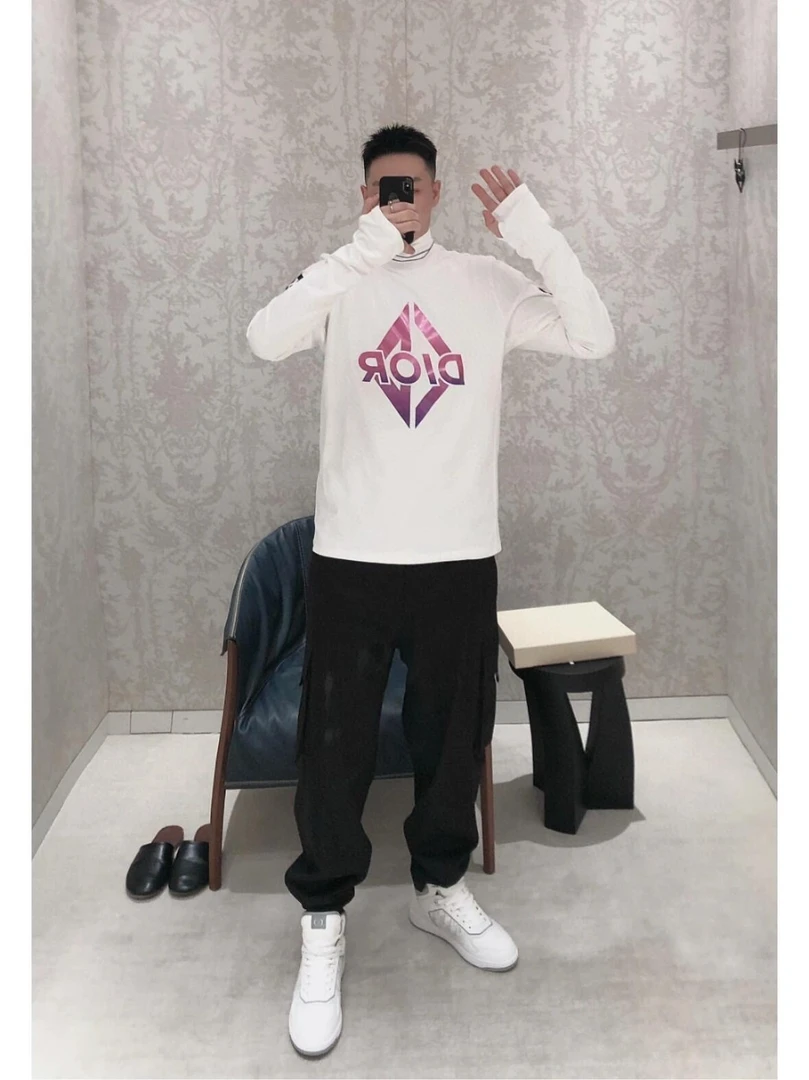 全新未使用 DIOR/迪奥 男士联名款白色立领T恤休闲长袖高领短袖T