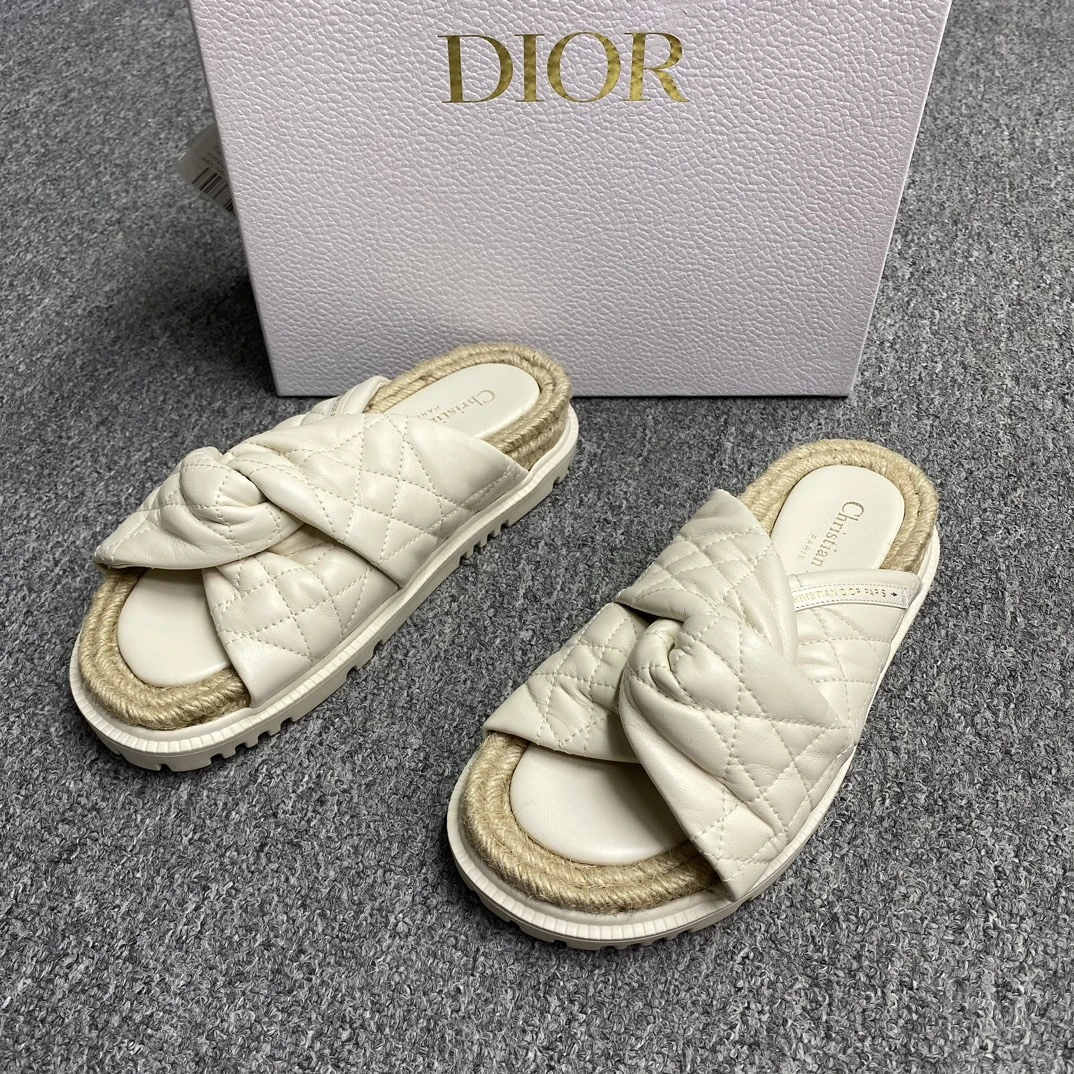 全新未使用 DIOR/迪奥 Dior迪奥 女士米色牛皮交叉麻绳底休闲拖鞋