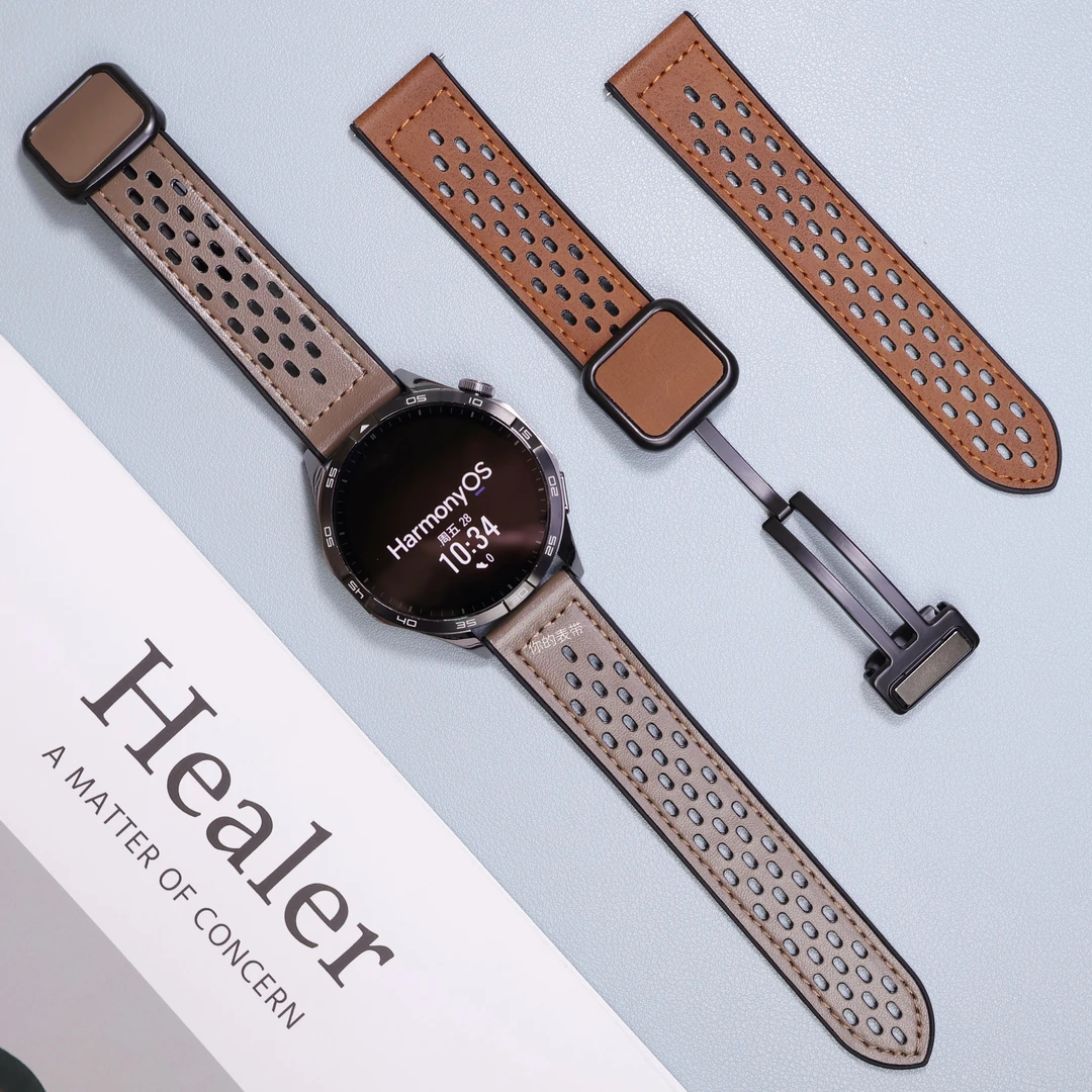 适用华为GT6/Pro手表带Watch5GT4洞洞疯马纹硅胶皮2/3pro方形磁吸