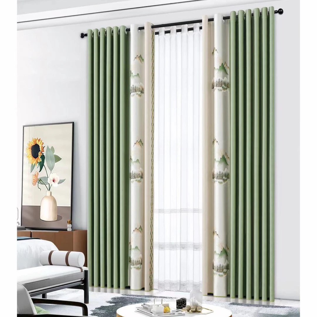 新款湖光山色高精密无缝拼接高端窗帘抹茶绿