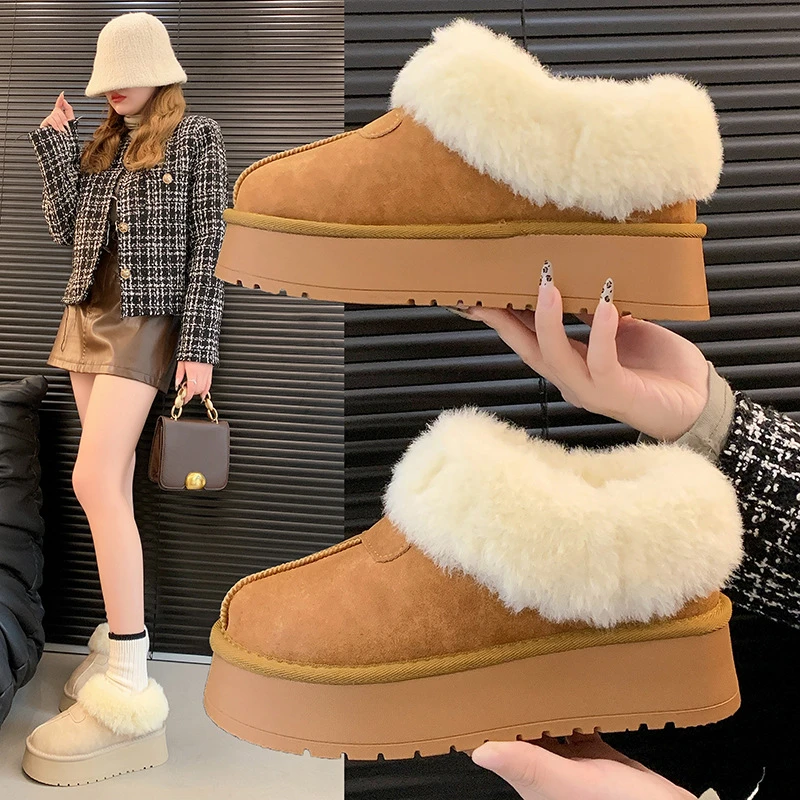 毛毛雪地靴女冬2024厚底圆头短筒一脚蹬面包鞋外贸加绒纯色棉鞋