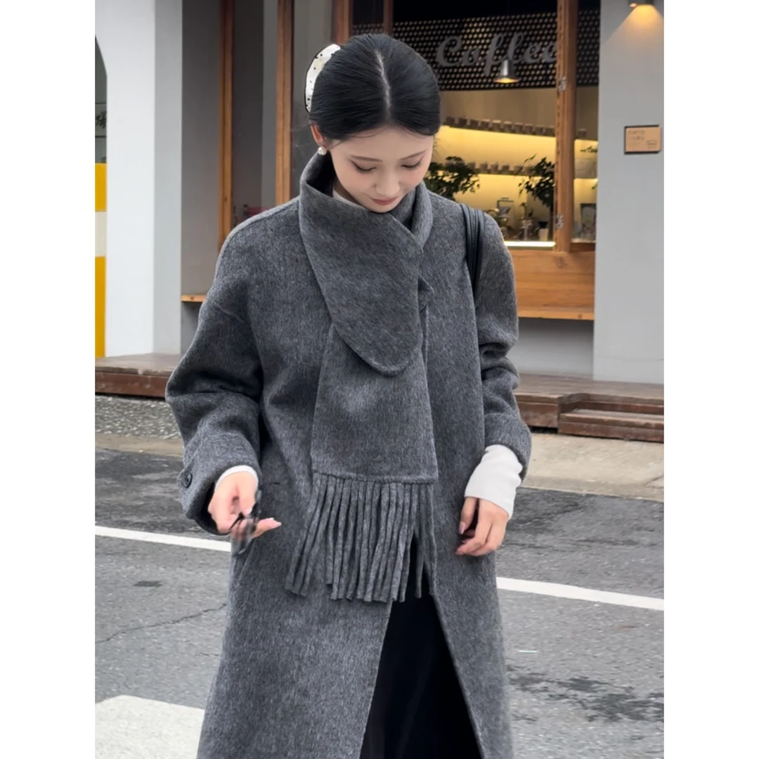 XYM韩系秋冬新款围巾流苏中长款过膝显瘦双面羊毛大衣女外套围巾