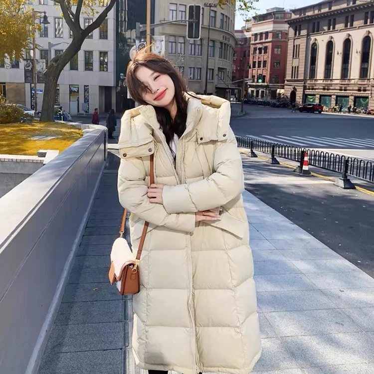 新款大朵白鸭绒连帽加厚长款宽松休闲羽绒服