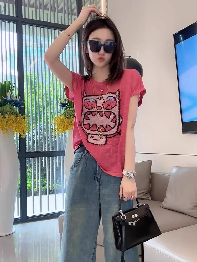 A023休闲百搭夏季宽松圆领显瘦针织透气设计感减龄网红韩系针织衫