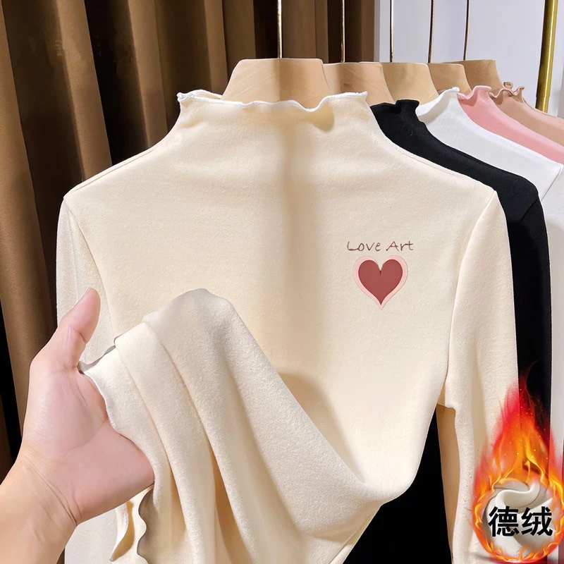 女童半高领长袖打底衫洋气百搭T恤中大童秋冬款双面德绒保暖上衣