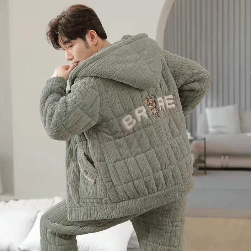 三层夹棉睡衣男加绒加厚珊瑚绒夹棉袄卡通特厚青少年家居服套装男