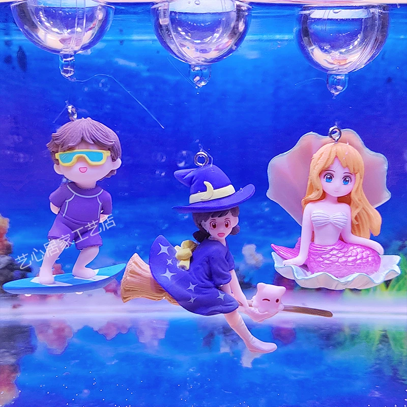 鱼缸悬浮摆件蓝胖子潜水员美人鱼小魔女水族箱造景漂浮装饰品沉水