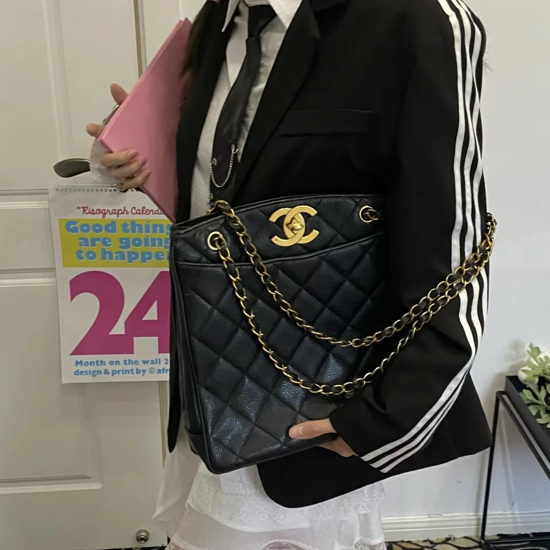 95新 Chanel/香奈儿 贝嫂28底长黑金鱼子酱牛托特琴谱包8开