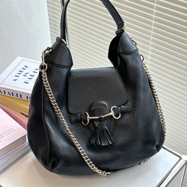 95新 GUCCI/古驰 黑金马衔扣流苏单肩手提hobo
