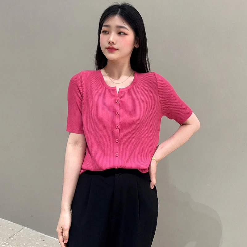 橙飞橙新短袖小V领开衫针织衫2024女上衣毛衣针织衫夏季薄款显瘦