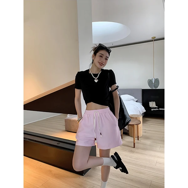 蒋蒋cheeze 笈简气质微A版松紧宽腰头肌理感抽绳短裤J23W055