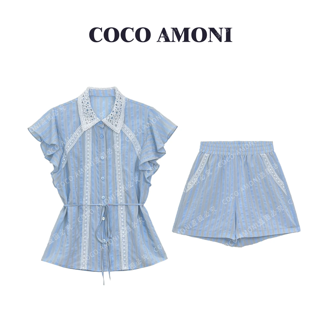 [曼姐]夏季新款法式时尚百搭套装捏褶收腰上衣松紧腰短裤AB607