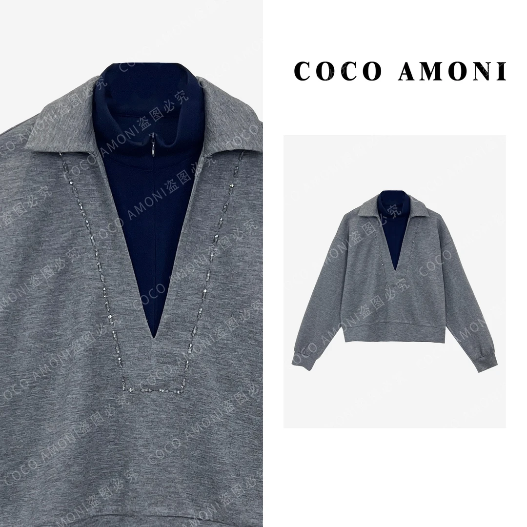 运动风设计师款灰色假两件时尚百搭长袖卫衣AB696