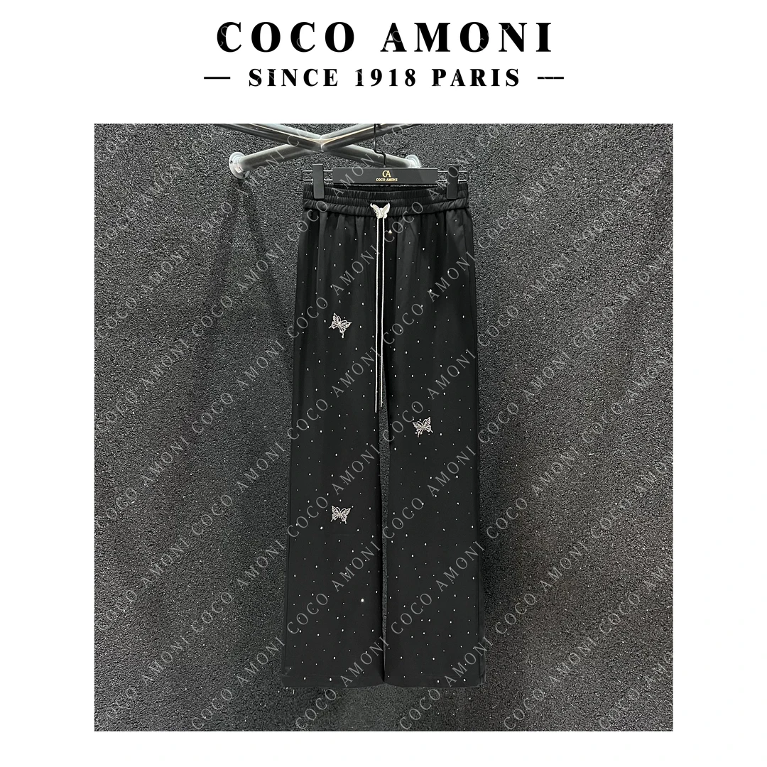 COCO Amoni黑色烫钻蝴蝶松紧腰直筒时尚百搭休闲裤AB395