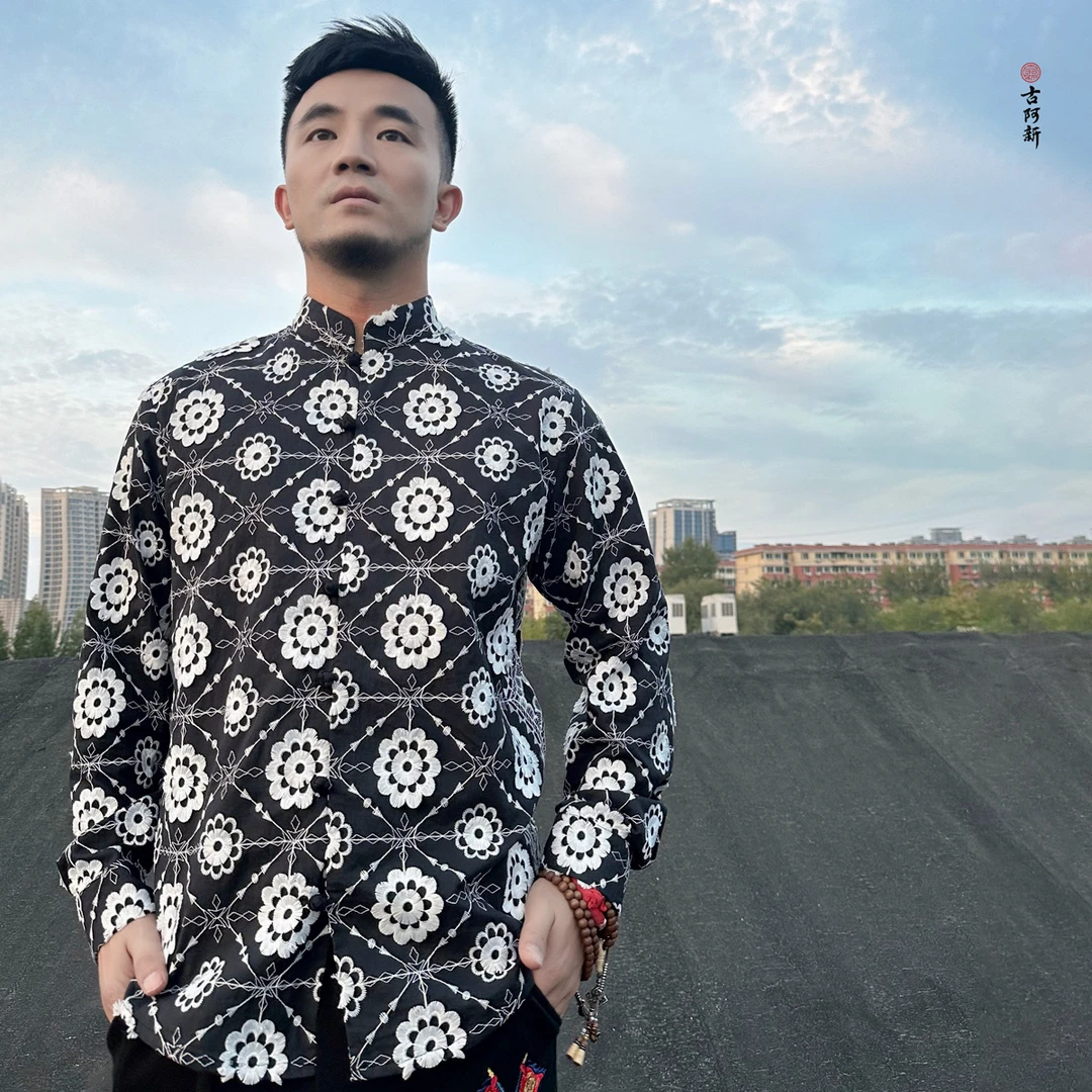 【古阿新国潮】原创中国风限定刺绣花朵男女情侣衬衣百搭潮中式衬衫