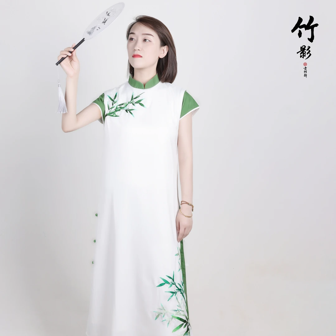 【古阿新国潮】原创时尚绣花百搭竹影短袖中国风复古禅意夏季连衣裙
