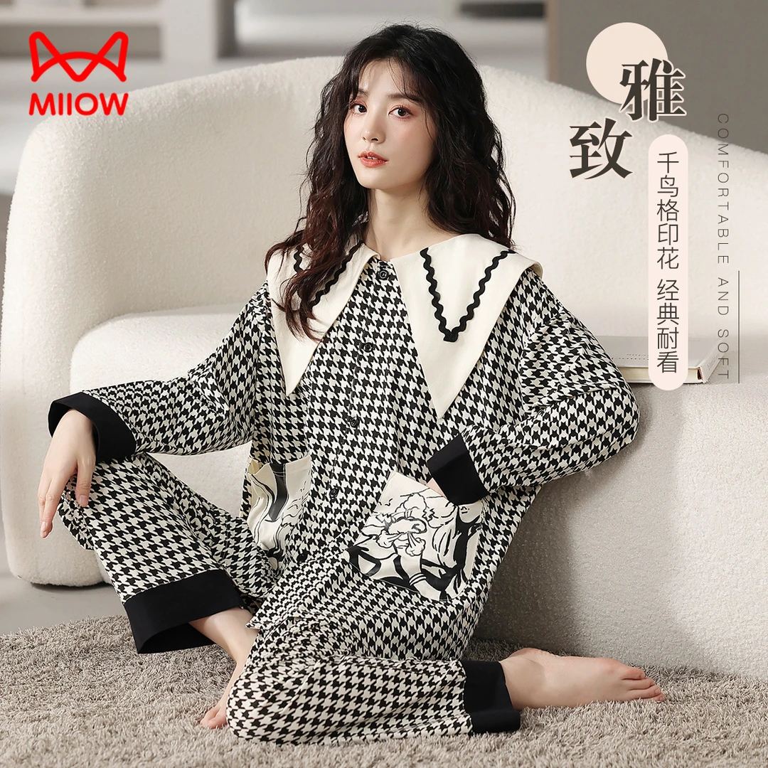 猫人女款秋冬长袖波纹翻领千鸟格可外穿家居服套装宽松时尚甜美