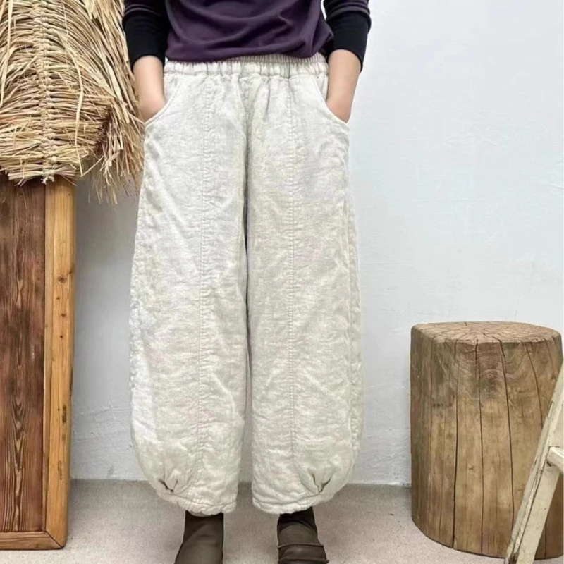 复古做旧亚麻夹棉灯笼棉裤宽松休闲时尚保暖百搭加厚裤子