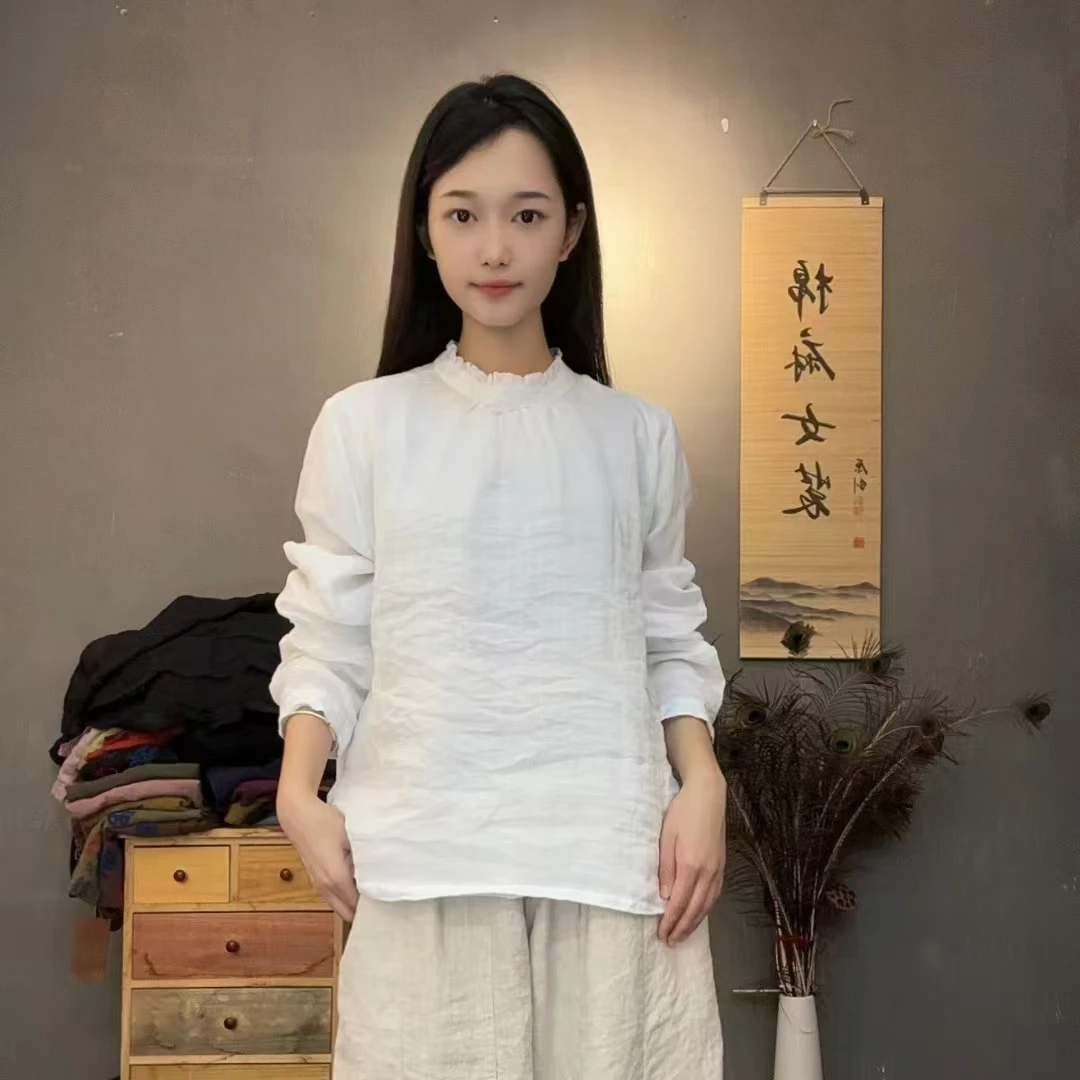 秋冬新款双层苎麻打底衫木耳领纯色简约百搭小衫