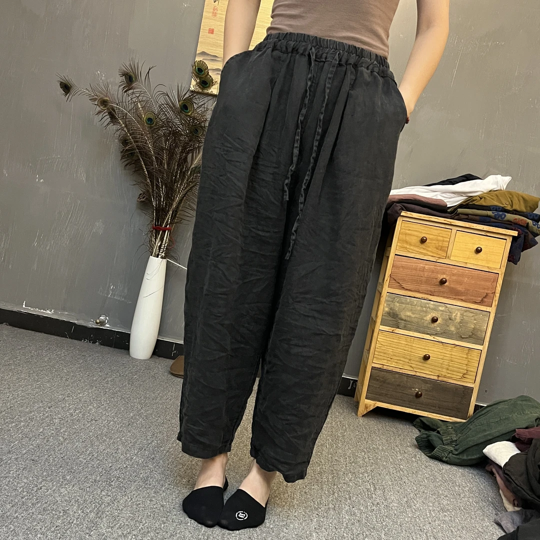 2025高订复古宽松休闲纯色做旧炒色纯亚麻萝卜裤女
