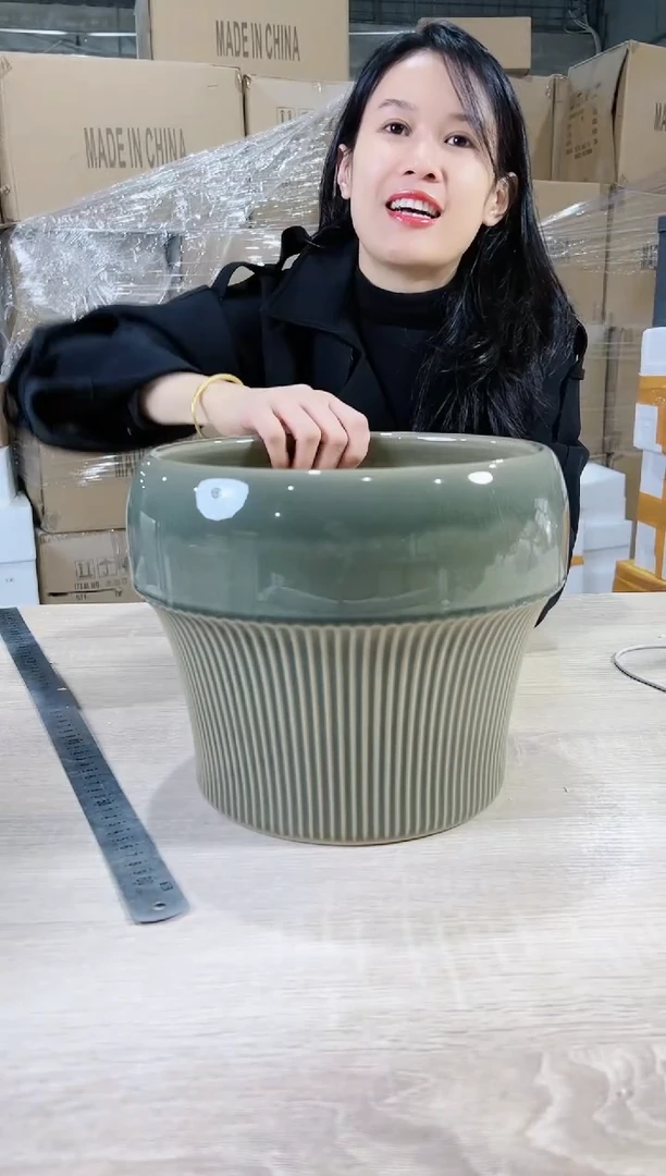 【闪购商品】陶瓷20cm(含)-50cm(含)圆口半条纹裂纹绿色大号24X21