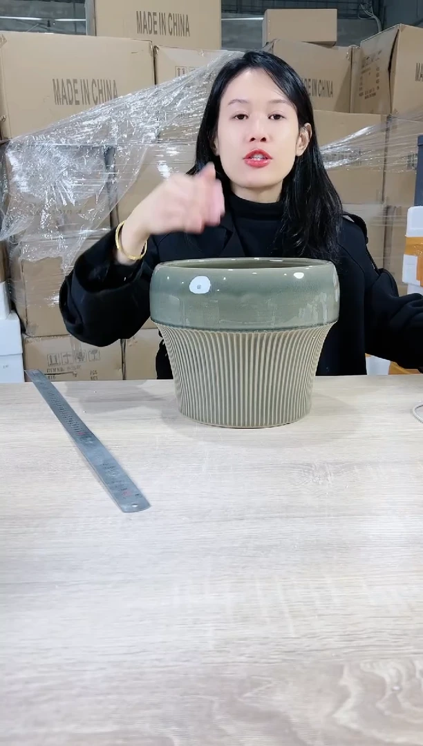 【闪购商品】陶瓷20cm(含)-50cm(含)圆口半条纹裂纹绿色大号24X21