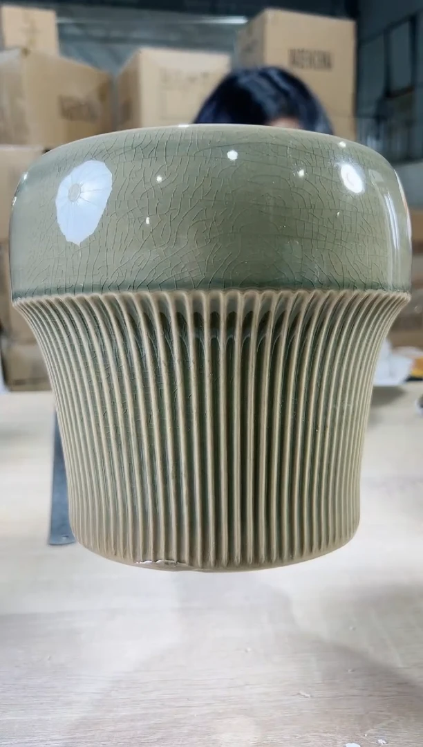 【闪购商品】陶瓷15cm-20cm圆口半条纹裂纹绿色中号19X18