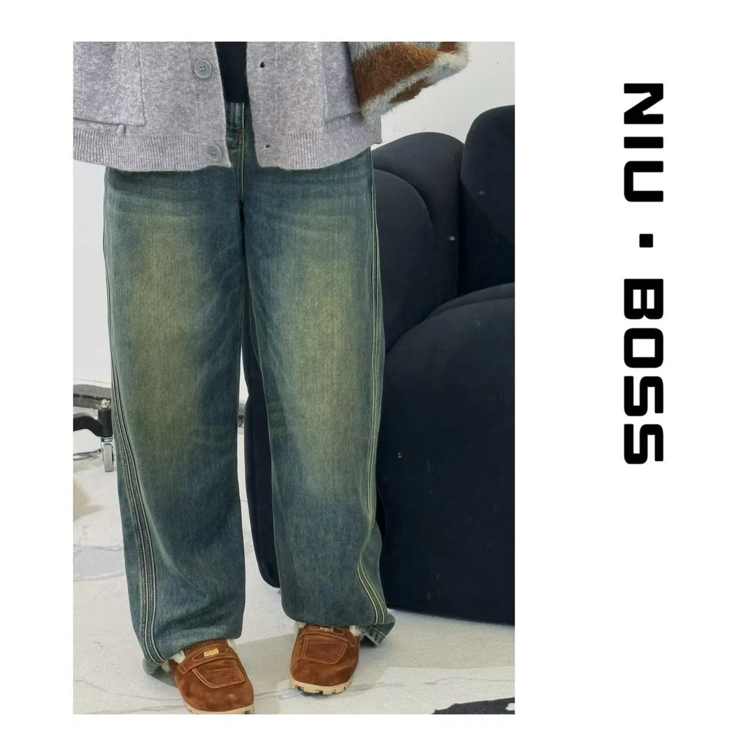 Three Ten. N大码260斤“美式复古”锈土色做旧加绒牛仔裤水洗休闲