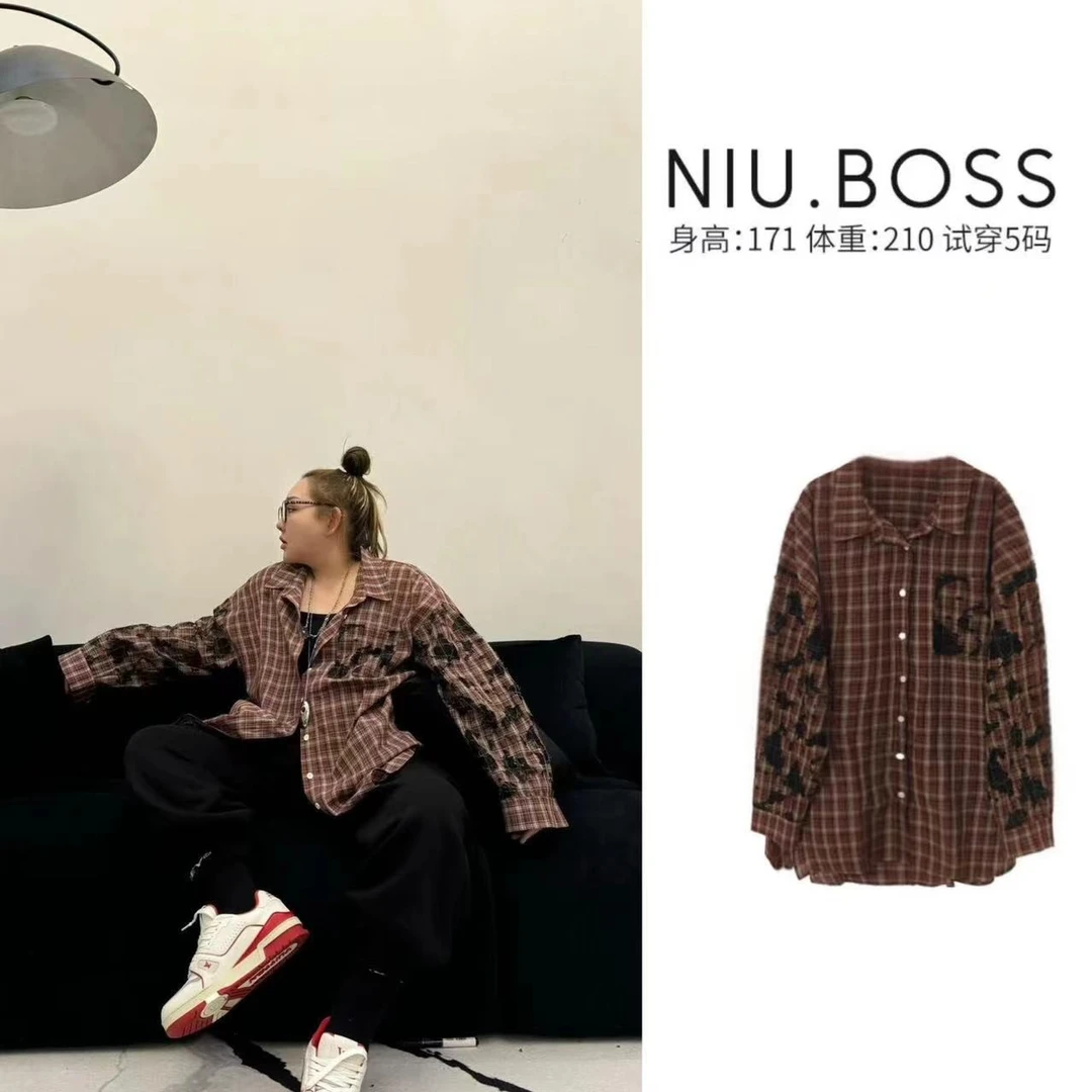 Three Ten. N大码250斤“美拉德”时尚高级百搭长袖感格纹衬衫外套