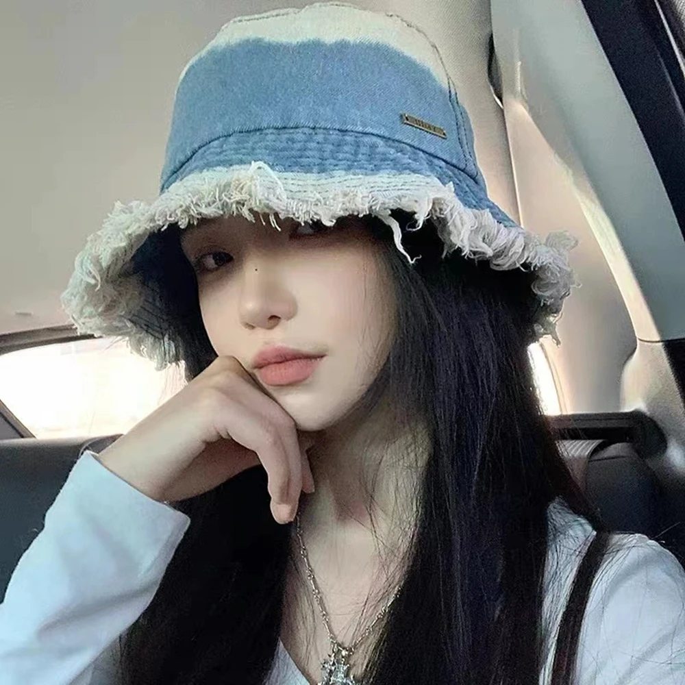 日系渐变牛仔渔夫帽女春夏季复古水洗磨边盆帽遮阳防晒显脸小帽子