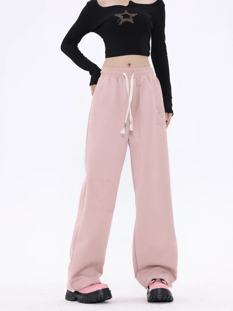 早春秋新款个性麂皮绒垂感直筒裤显瘦高腰宽松拖地裤爱心刺绣长裤