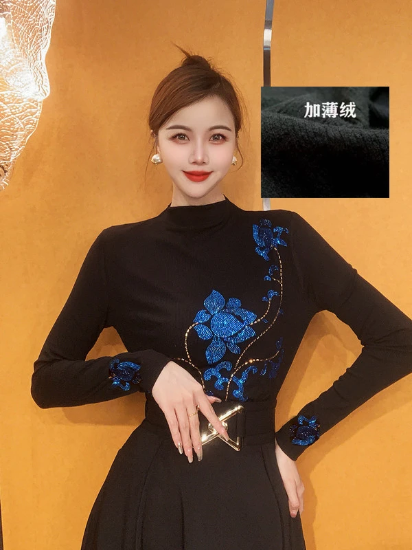 【伊妍】蓝玫瑰秋冬新款时尚欧货显瘦重工气质长袖修身黑色镶钻