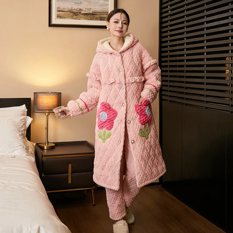 赵小紫P1008荷叶花边时尚加绒加厚保暖套装女士睡衣家居服可外穿