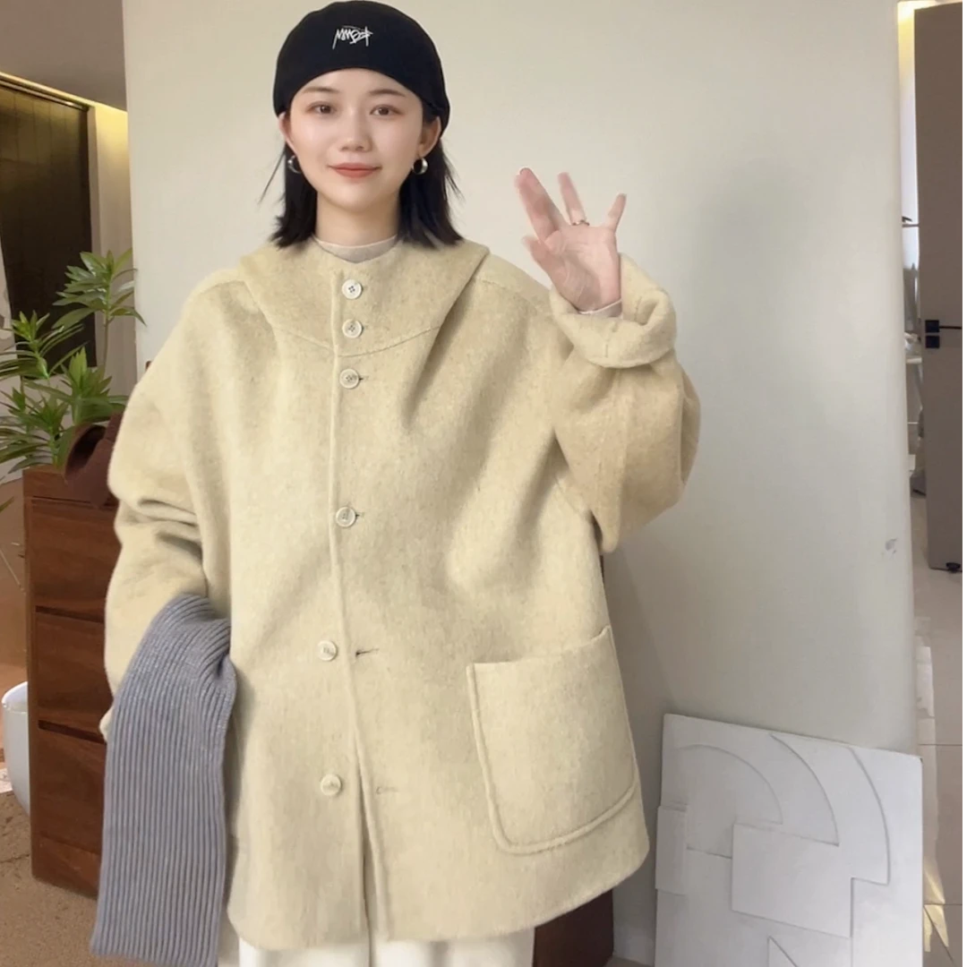 624秋冬新品韩系时尚纯色简约百搭单排扣大口袋双面羊毛毛呢大衣